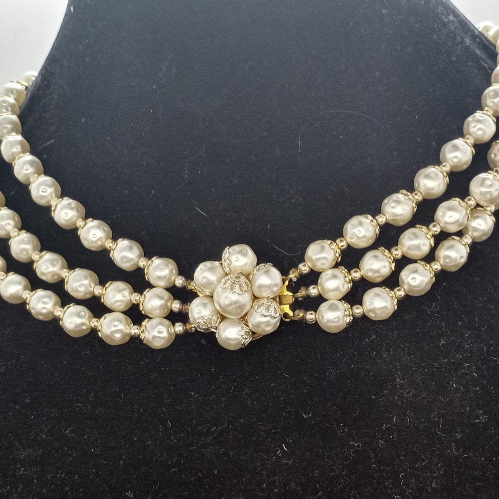 Miriam Haskell Unsigned Dimpled Faux Pearl Necklace Choker Champagne Color 19"
